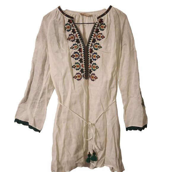 Tory Burch Embroidered Summer Linen Mini White Boho Dress V‎ Neck Womens Size M - Picture 9 of 9